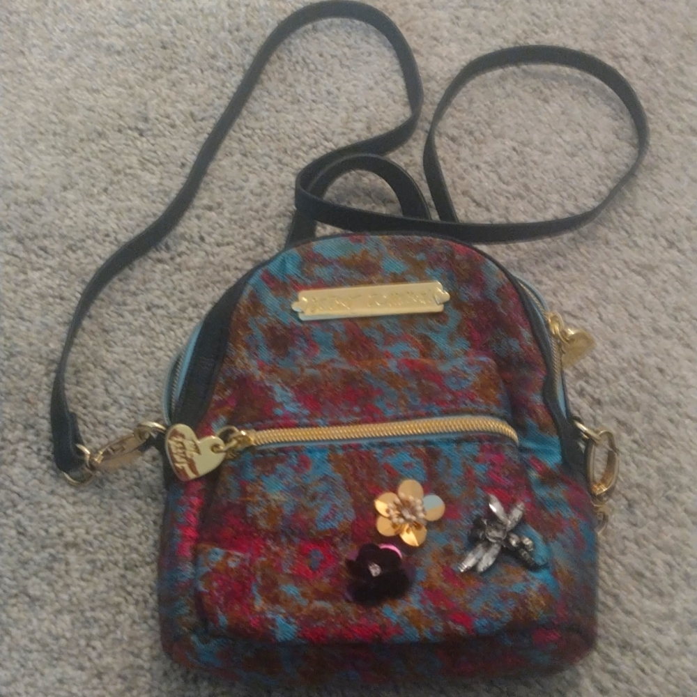 -Betsey Johnson Blue and Pink Mini Bag Crossbody With Embellishments